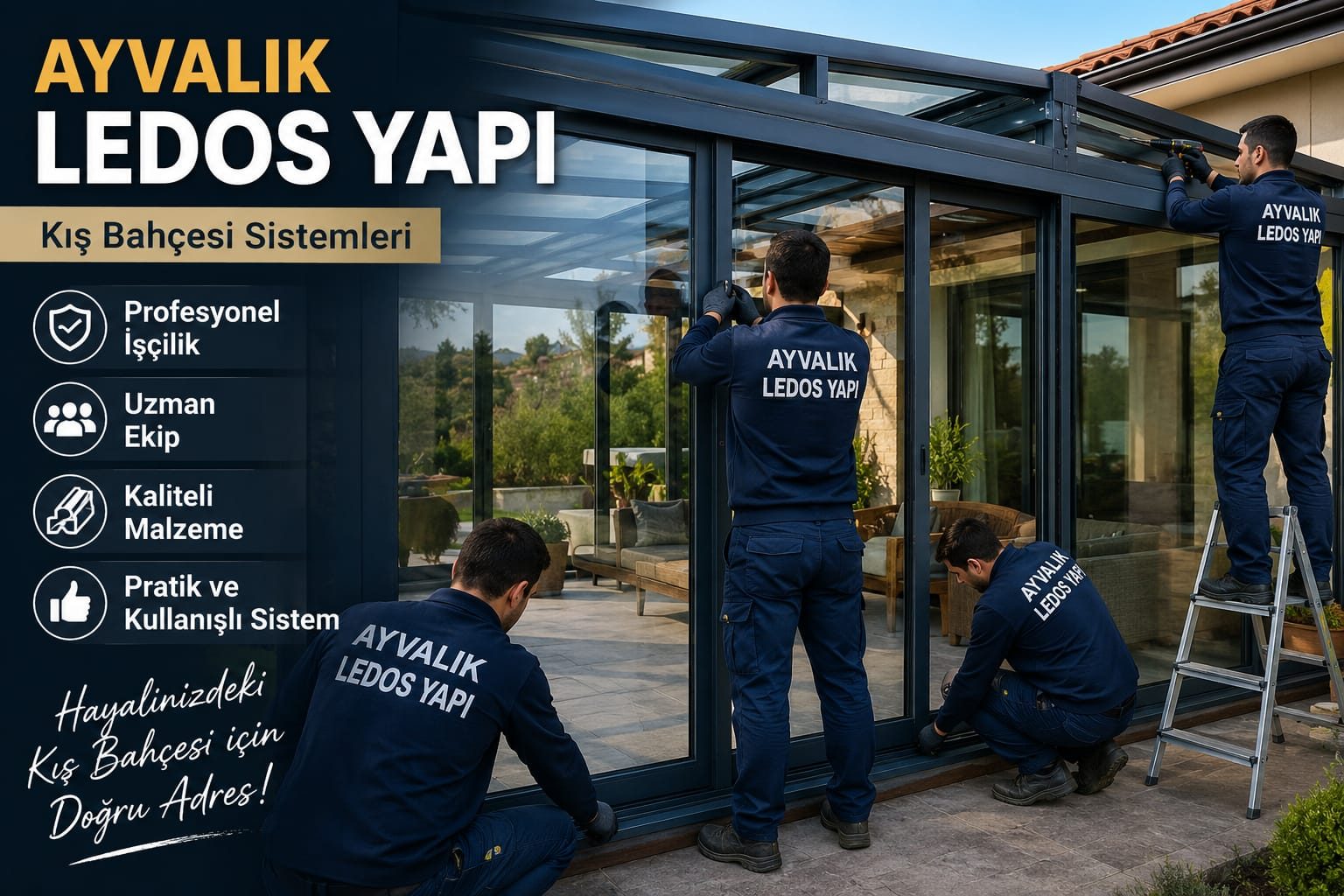 Ayvalık Ledos Yapı montaj ekibi kış bahçesi kurulumu